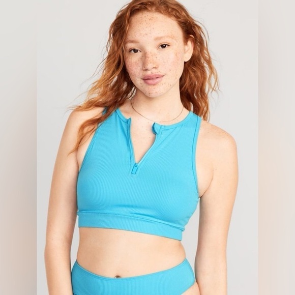 NWT! Casa Blue Rib-Knit Zip-Front Longline Bikini Swim Top - Size XS 🌸 - Picture 1 of 6